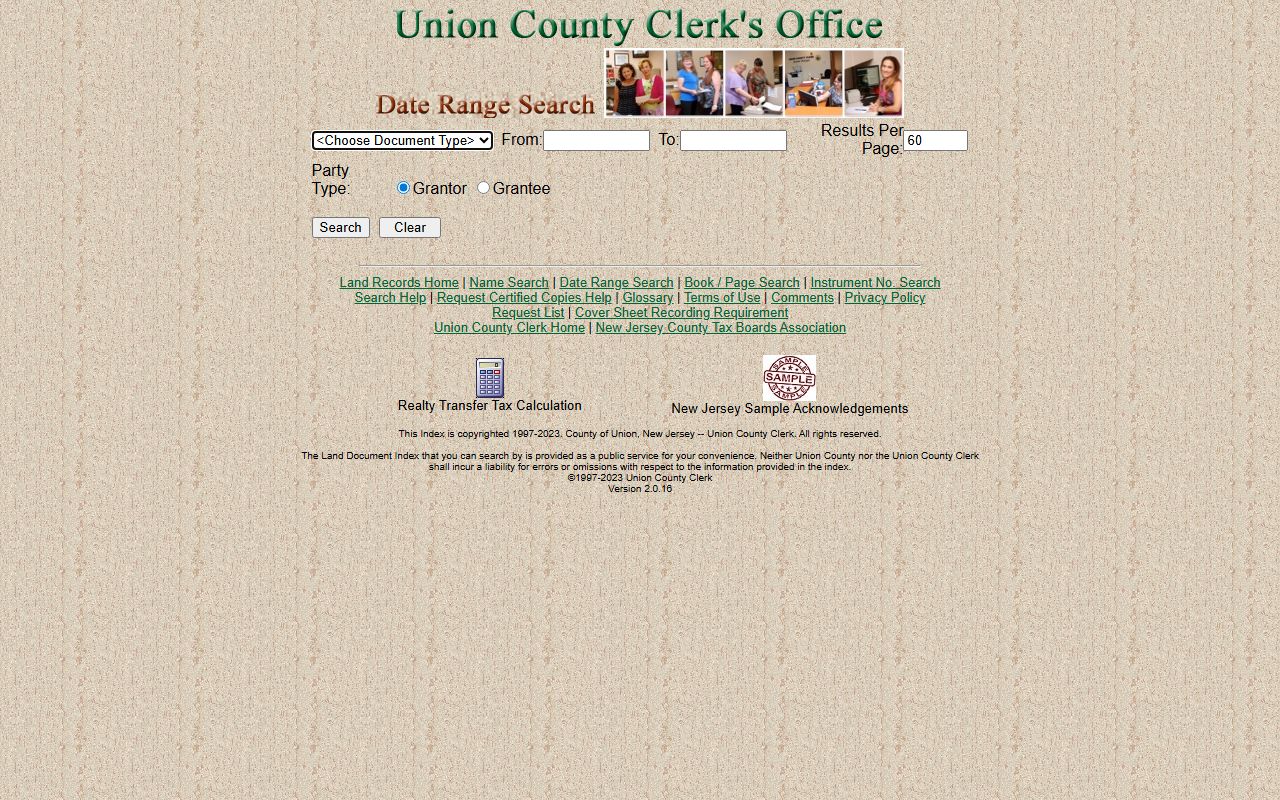 Union County Clerk land record date range search form