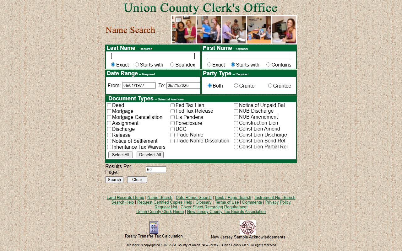 Union County Clerk land record name search form
