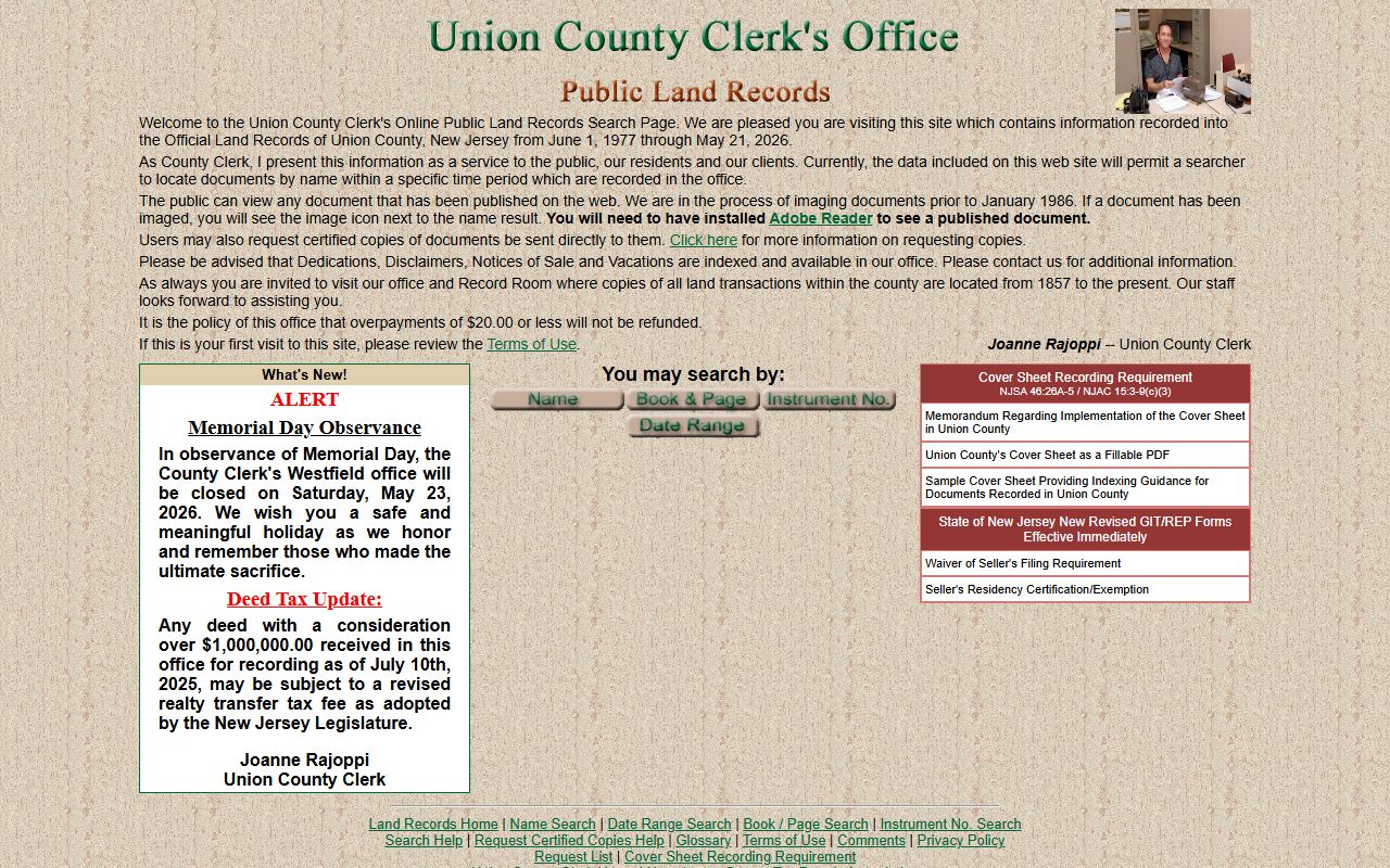 Union County Clerk public land records search landing page