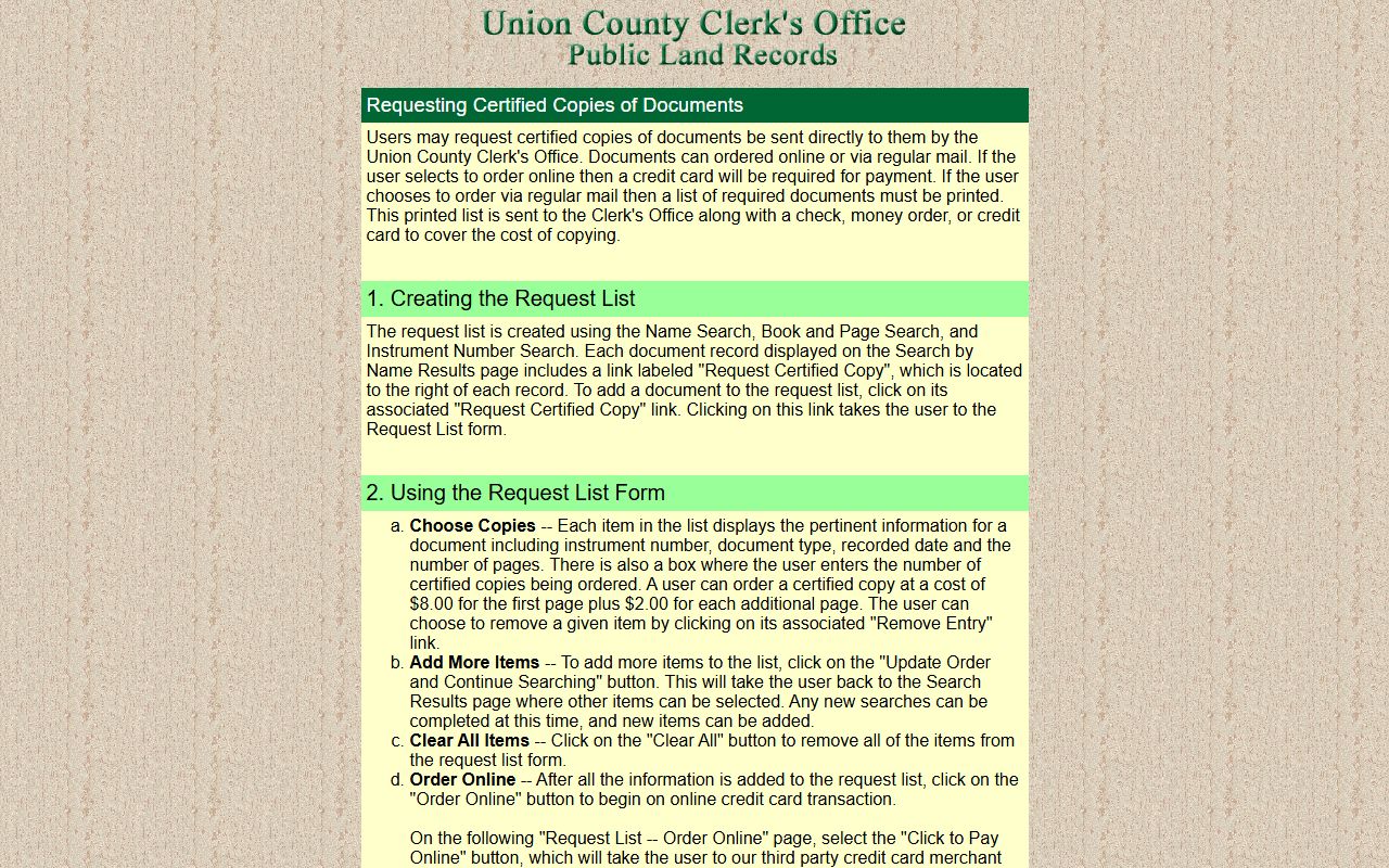 Union County Clerk certified copies help page for land records