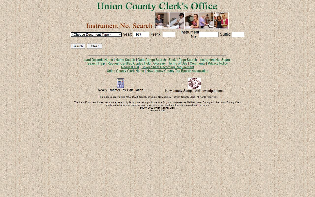 Union County Clerk land record instrument number search form