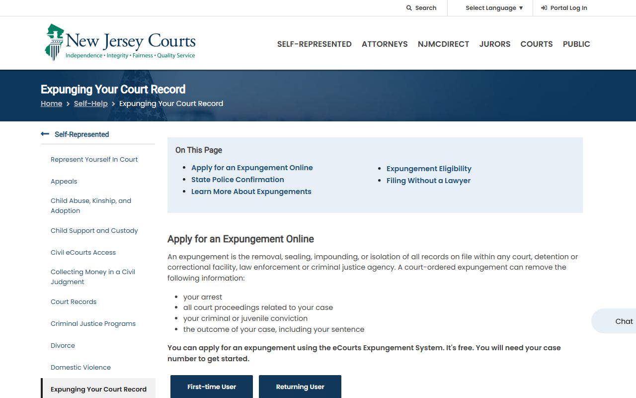NJ Courts expungement self-help page for clearing Union County arrest records