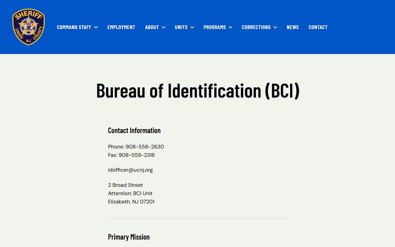 Union County Sheriff Bureau of Criminal Identification page for arrest records