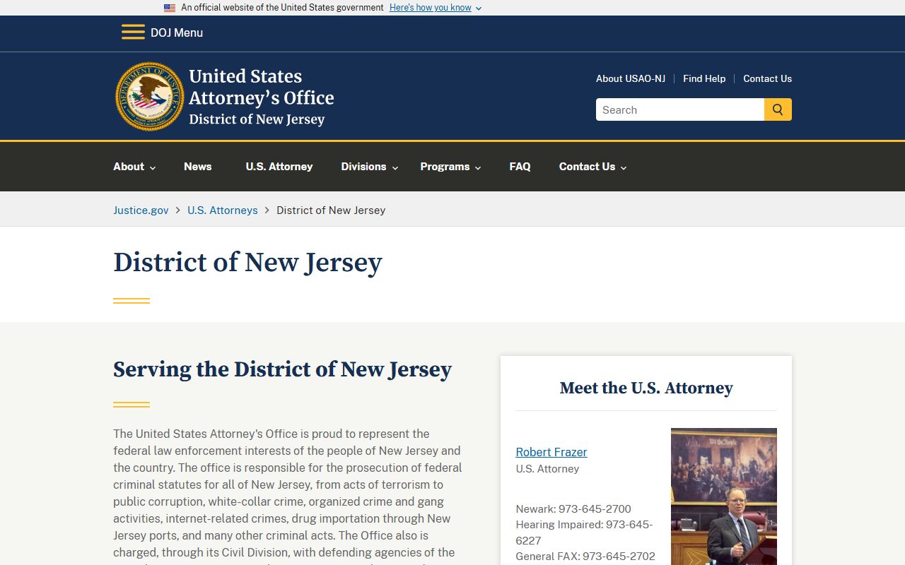 U.S. Attorney District of New Jersey office for federal Union County cases