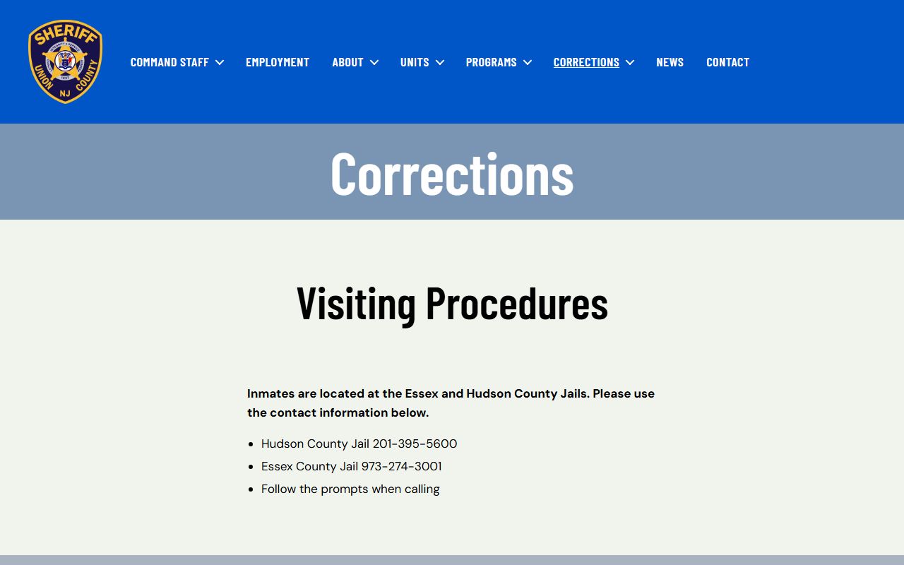 Union County corrections visiting procedure page showing inmate housing notice