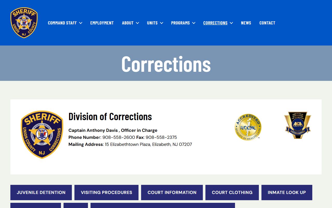 Union County Division of Corrections page for inmate records and jail contact