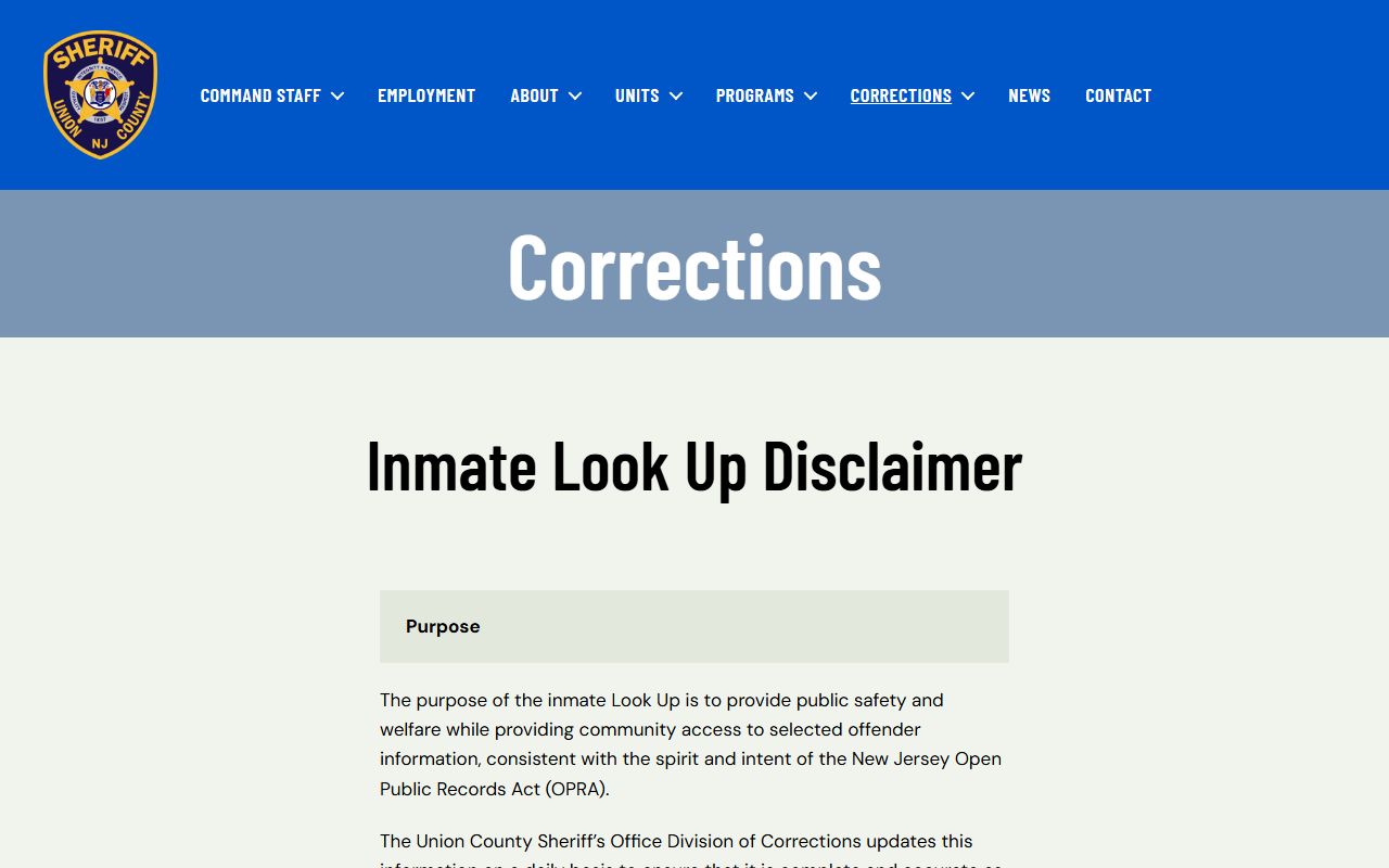 Union County inmate lookup disclaimer page with terms for the jail roster search