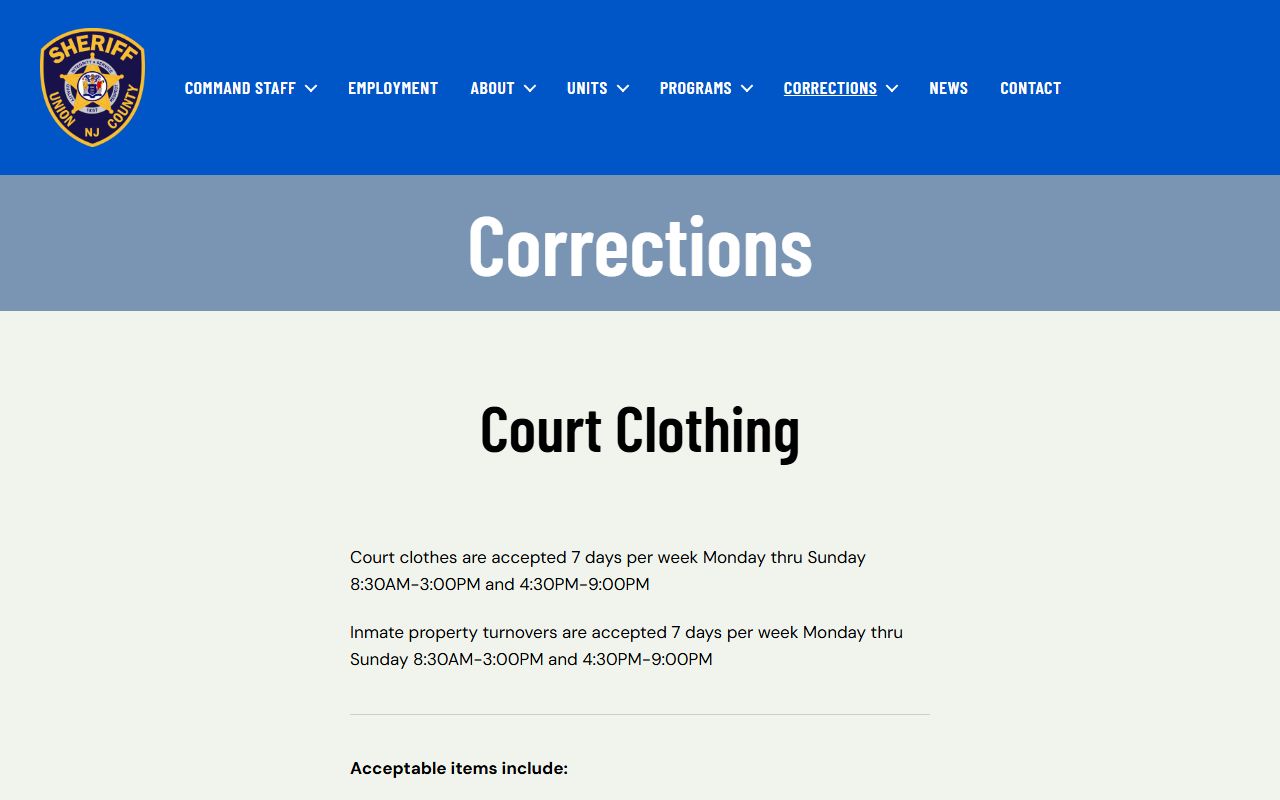 Union County corrections court clothing and property turnover page