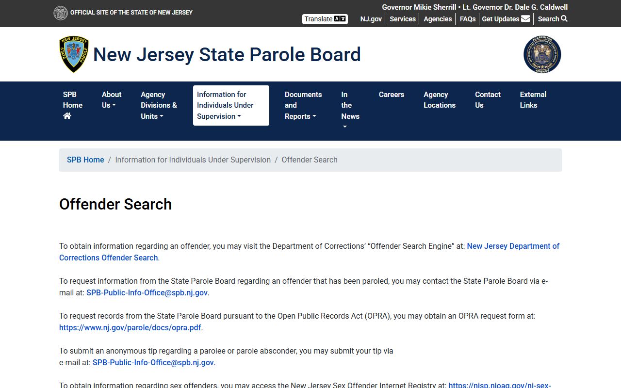 New Jersey State Parole Board offender search for Union County inmate records