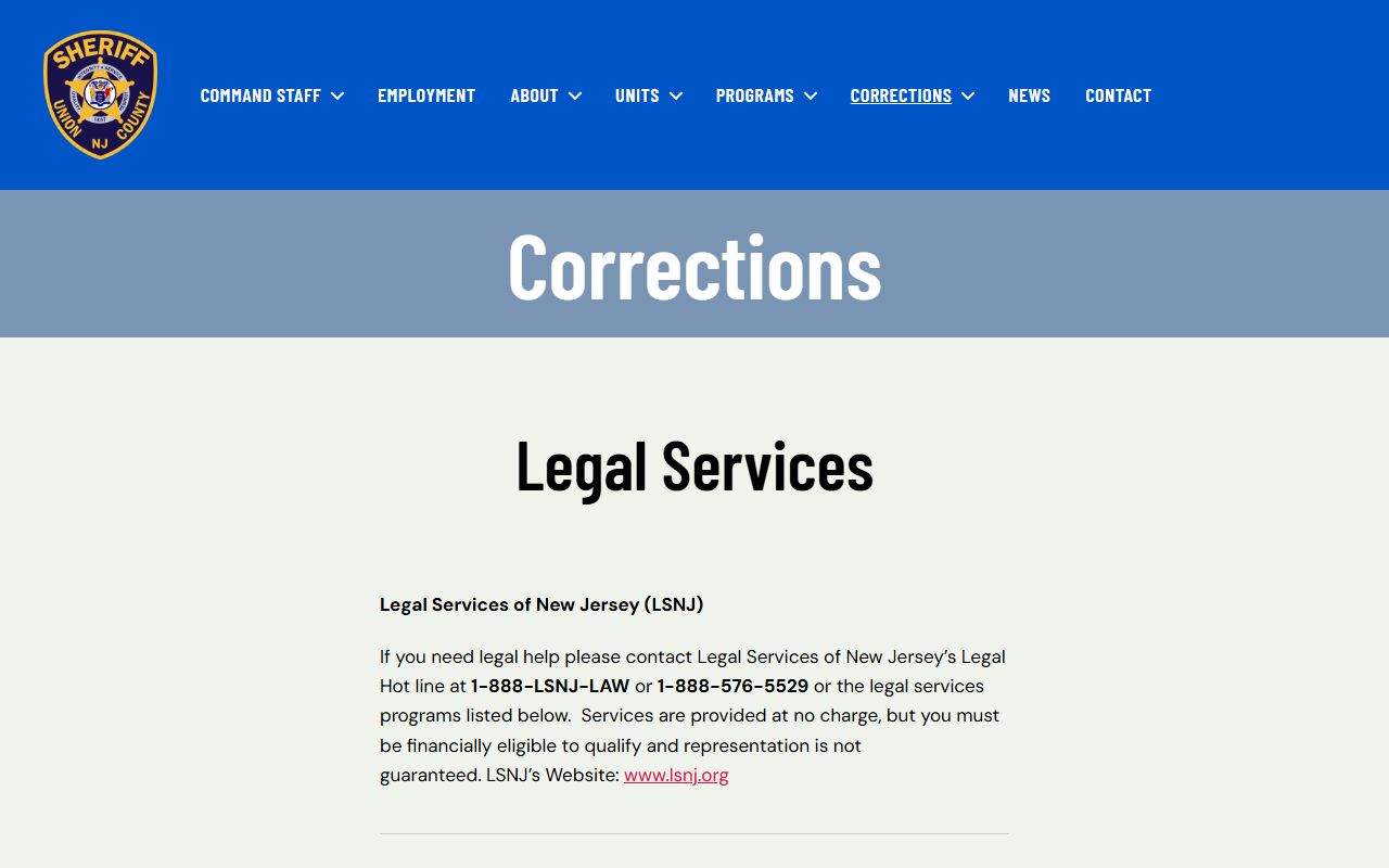 Union County corrections legal services page for inmate legal help