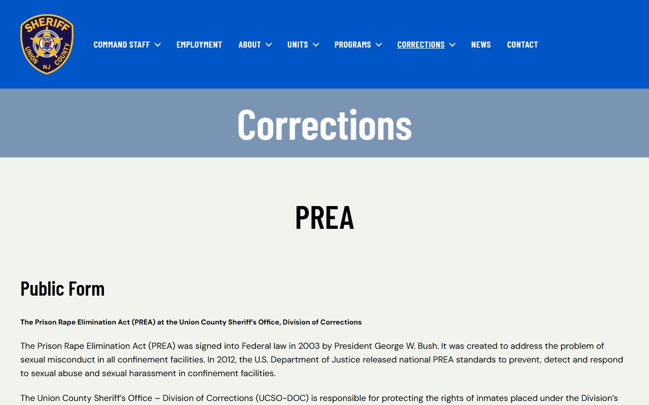 Union County corrections PREA page tied to jail and inmate safety records