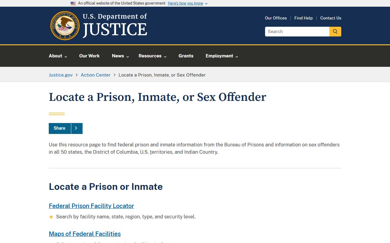 U.S. Department of Justice page linking federal released inmate and offender searches