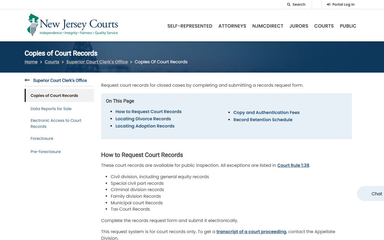 NJ Courts page for requesting copies of Union County court records