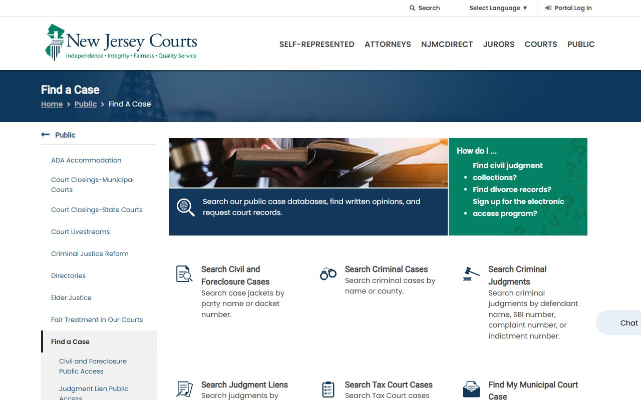 Union County court records search options on the NJ Courts Find a Case page
