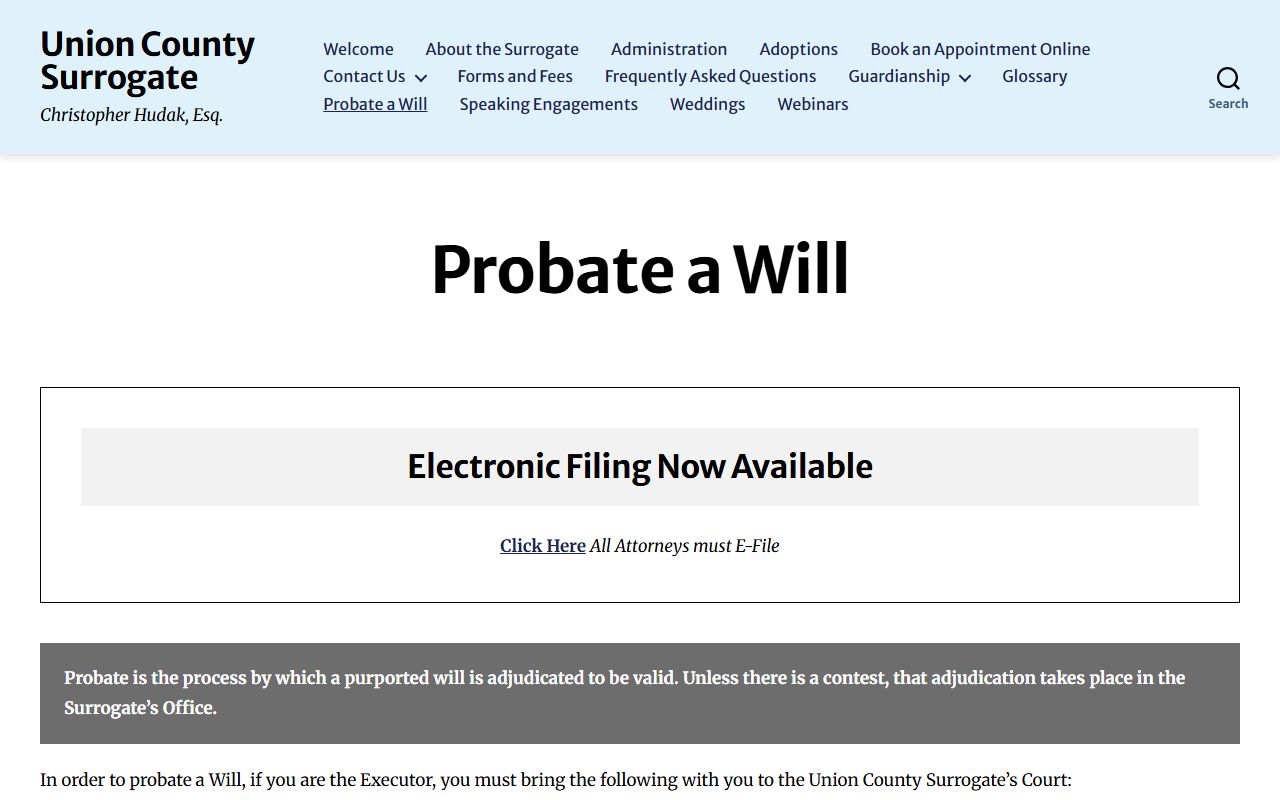 Union County Surrogate probate a will instructions for probate records