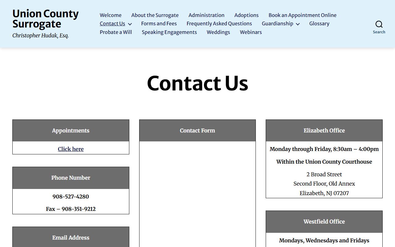 Union County Surrogate contact page for probate records