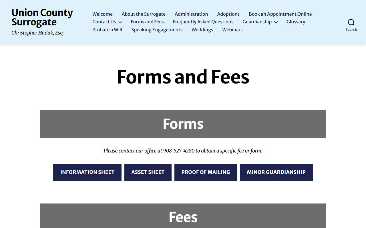 Union County Surrogate forms and fees page for probate records