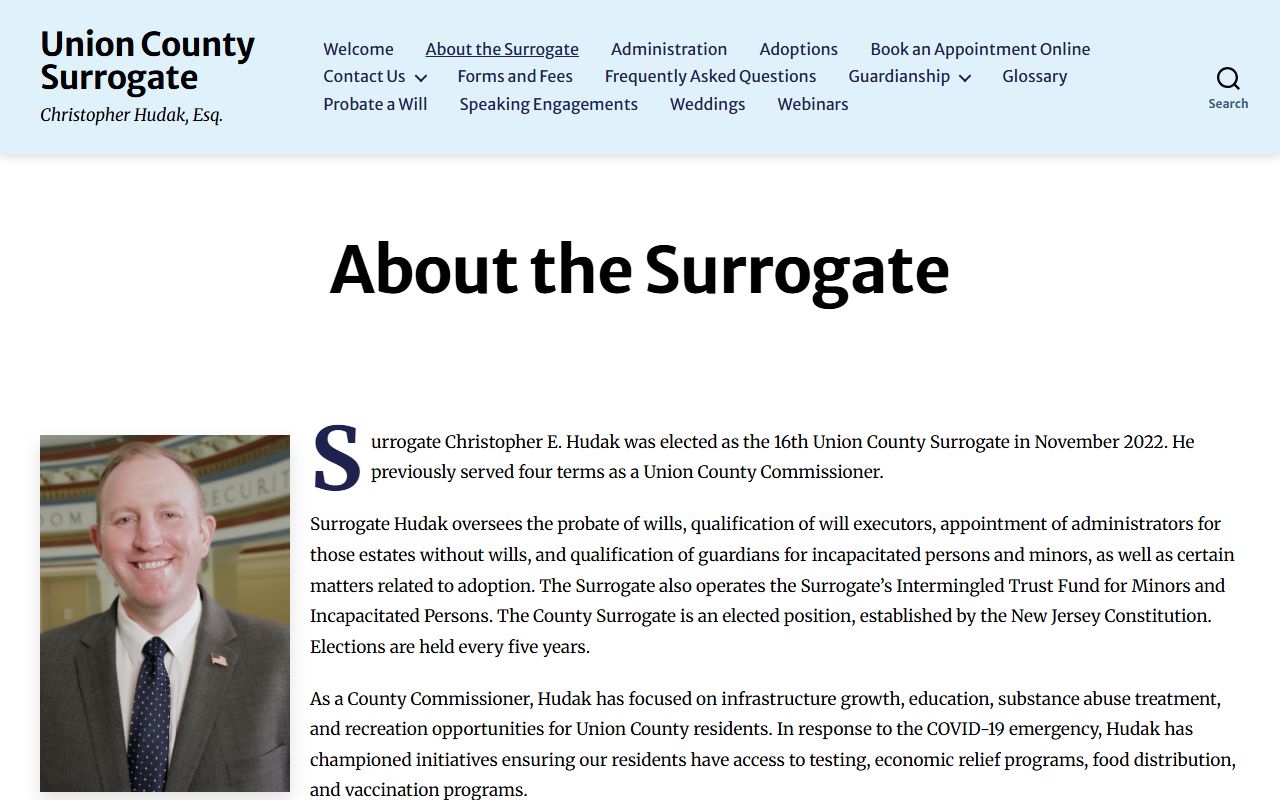 Union County Surrogate about page identifying the Surrogate and probate records role