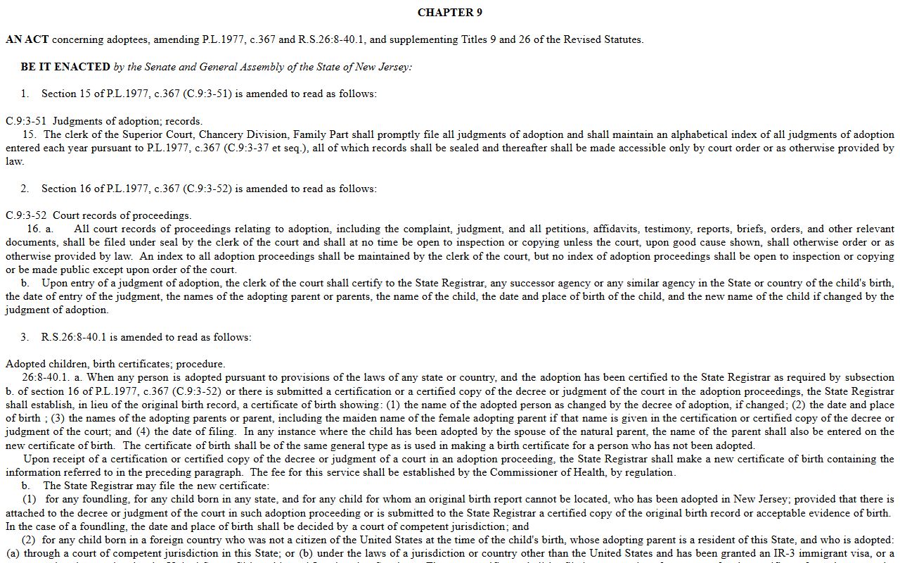 New Jersey adoption confidentiality law text related to Union County sealed records