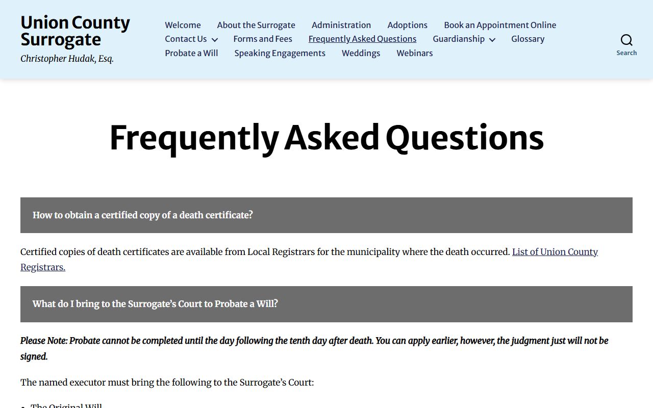 Union County Surrogate FAQ page on probate records public access
