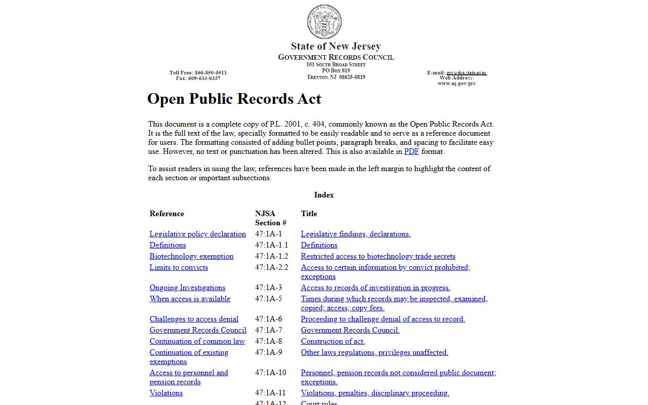 New Jersey Government Records Council OPRA text for Union County public records