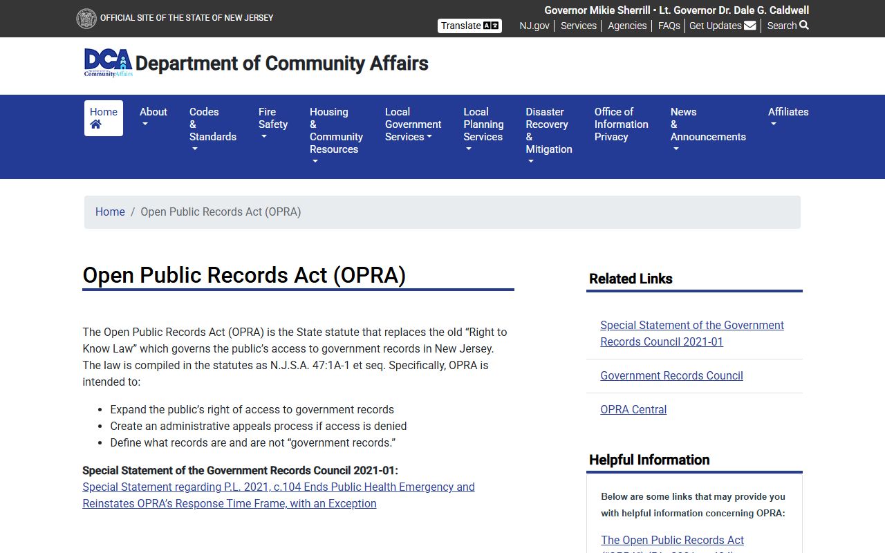 NJ Department of Community Affairs OPRA overview for Union County public records