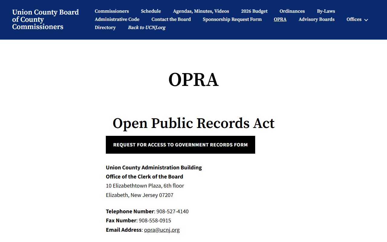 Union County OPRA request page for public records
