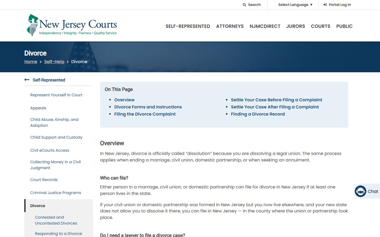 NJ Courts divorce self-help page tied to Union County family records access