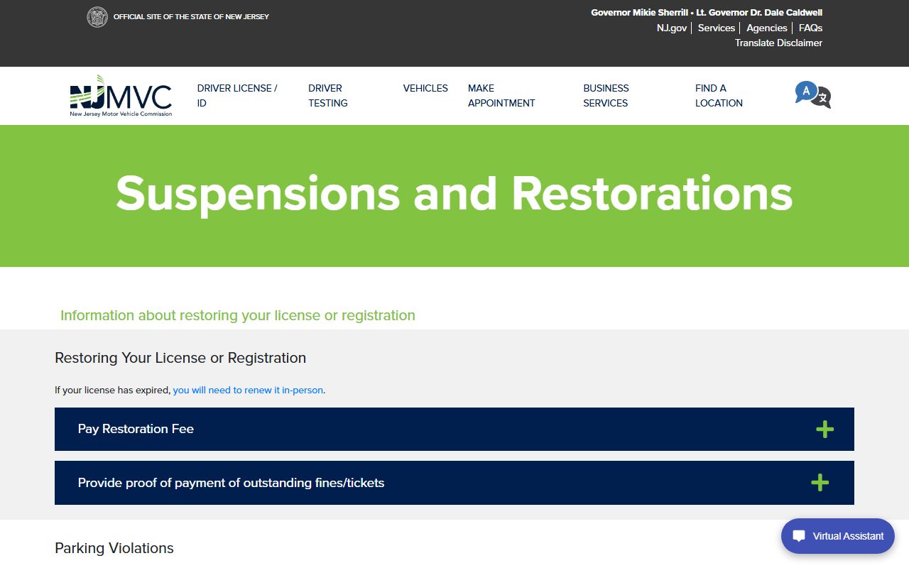 NJ MVC license suspension and restoration page tied to Union County traffic records